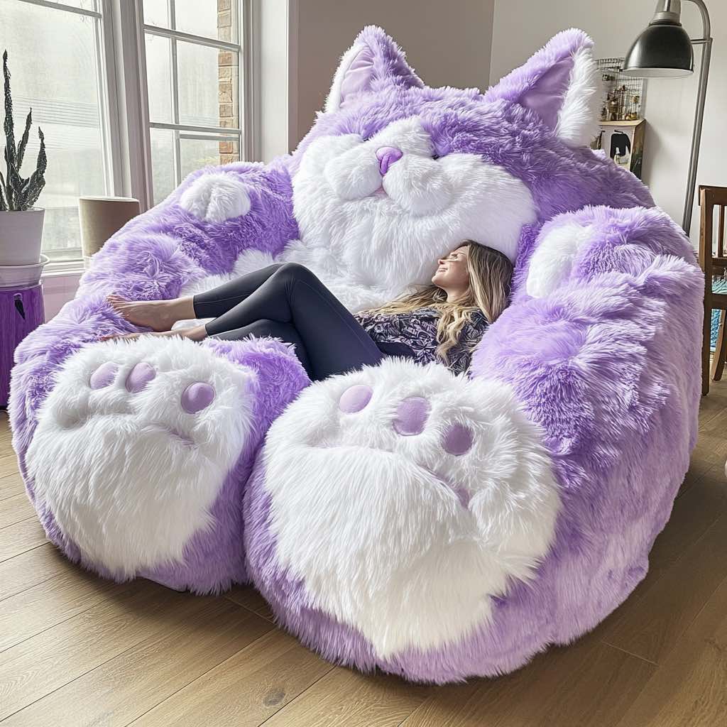 Large purple plush cat-shaped sofa with relaxed expression and giant paw cushions.