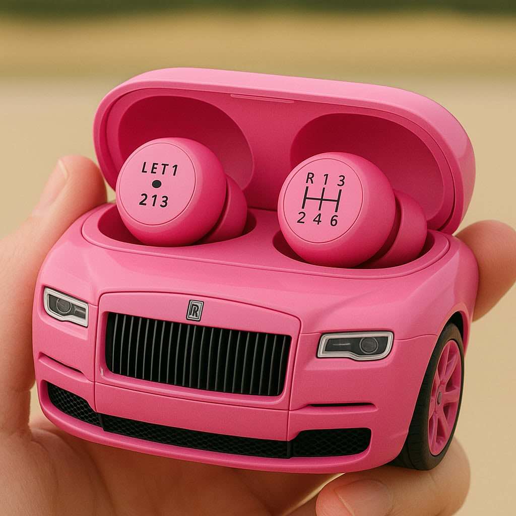  Pink car-themed earbud case holding gearstick-style wireless earbuds in matching pink
