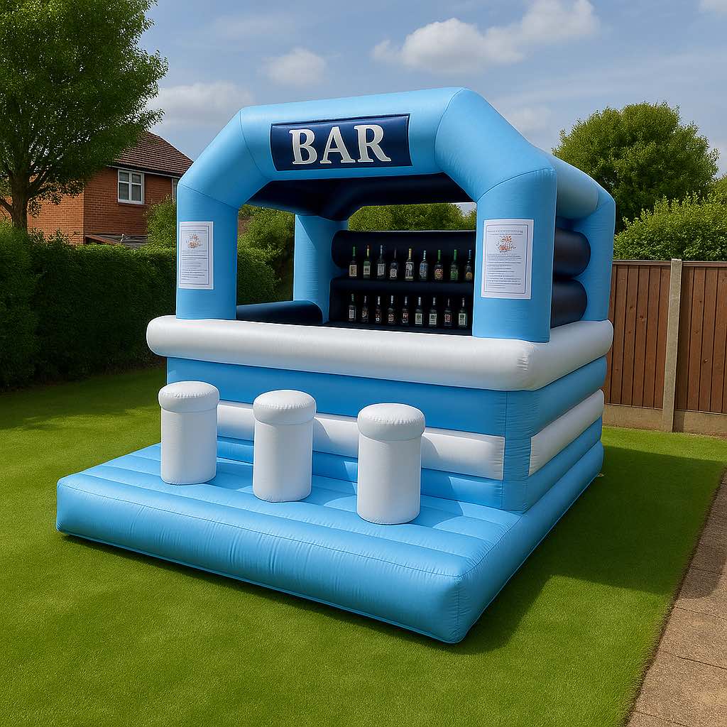 A soft blue and white inflatable bar with stools in a modern garden, ideal for weddings and calm gatherings