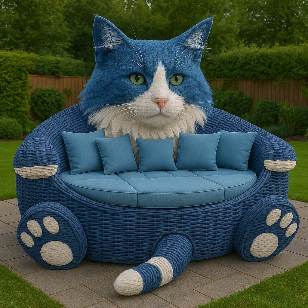 Blue cat-shaped garden sofa with matching cushions placed on a patio with green foliage in the background