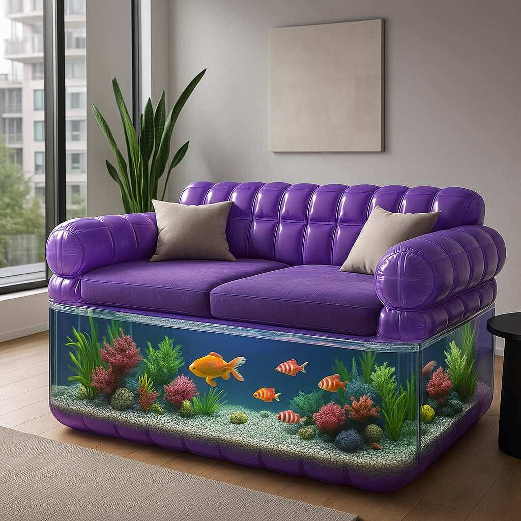 Whimsical purple aquarium sofa in a modern flat with fish tank base