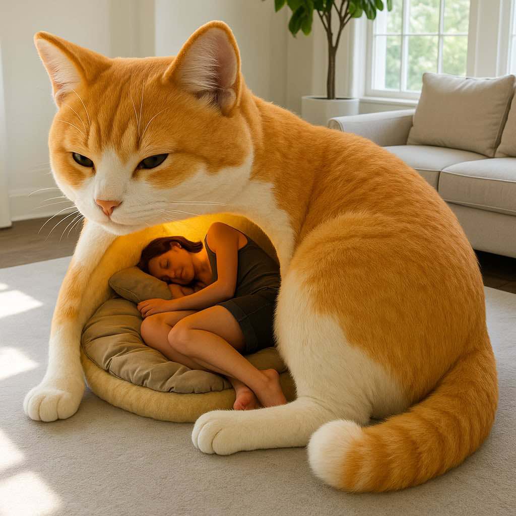 Woman resting inside an orange and white cat-shaped indoor bed