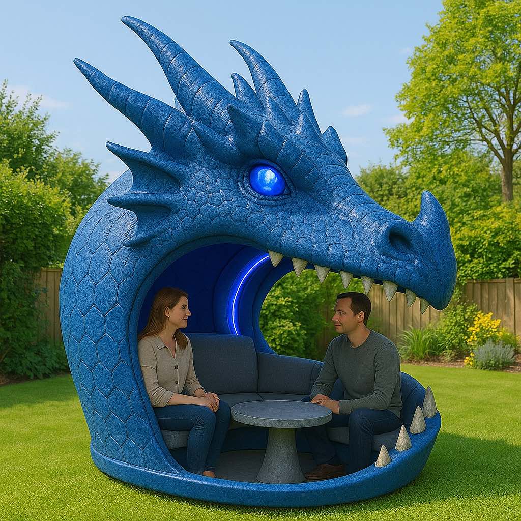Couple seated inside a blue dragon head-shaped pod with glowing blue eyes
