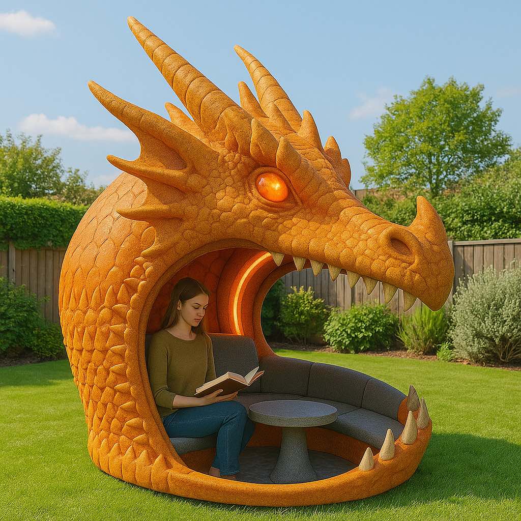 Woman reading a book inside a bright orange dragon head-shaped garden pod