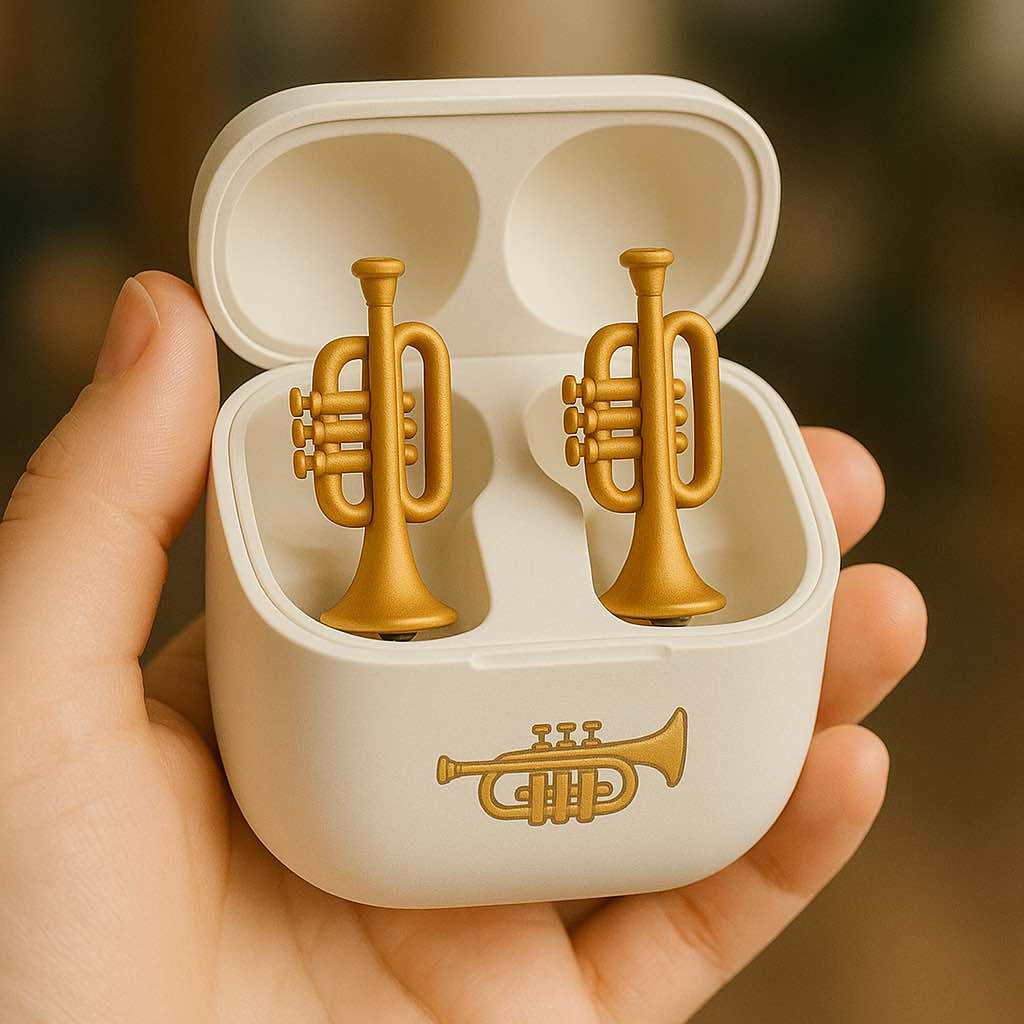 White earbud case holding left and right earbuds shaped like miniature gold trumpets.