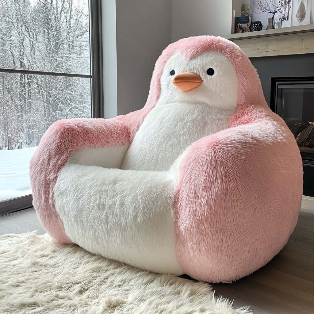 Adorable oversized pink penguin lounge chair in front of a fireplace with a snowy outdoor view.