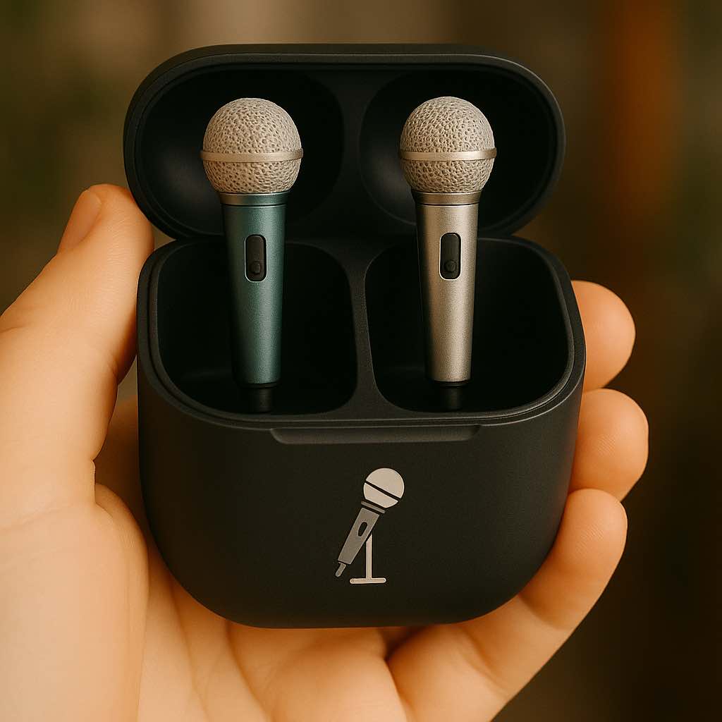 Matte black earbud case containing earbuds styled as vintage microphones.