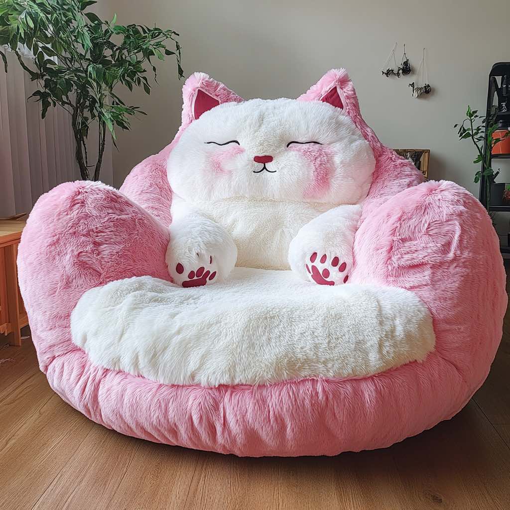 Soft pink and white plush cat-shaped sofa with sleepy face and blushing cheeks.