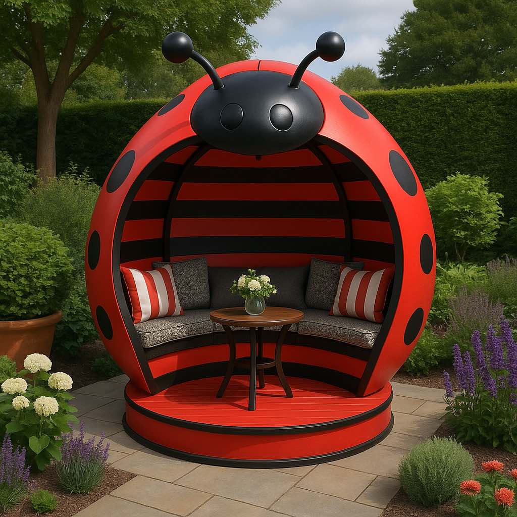 Bold red and black ladybird-shaped garden pod with striped cushions and a wooden table.