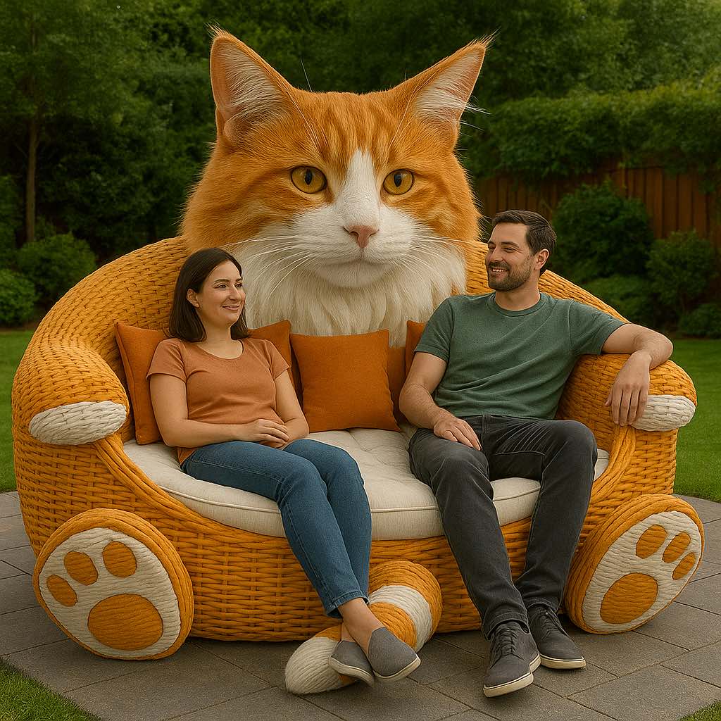 Orange oversized cat-shaped outdoor sofa with a couple sitting comfortably, set in a green garden