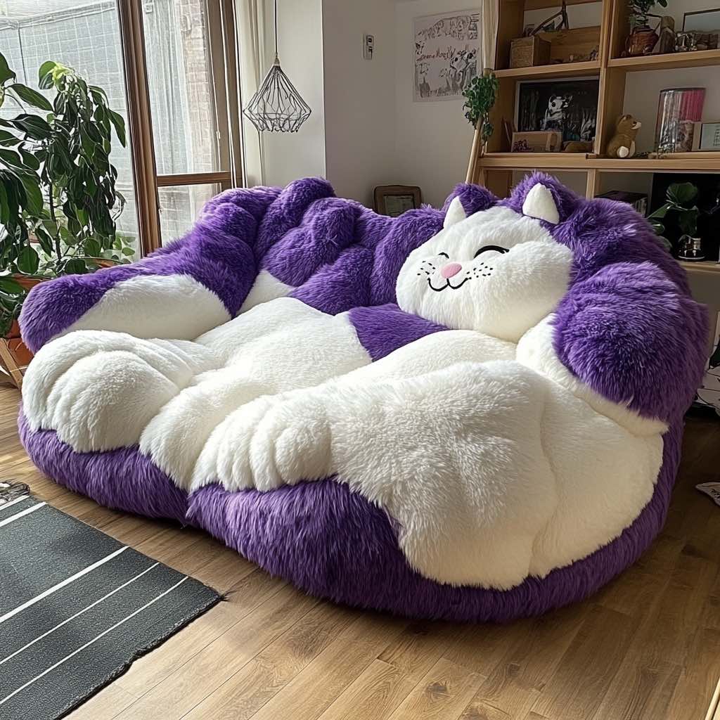 Plush cat-themed sofa in purple and white with a chubby, happy face and closed eyes, placed in a modern lounge.