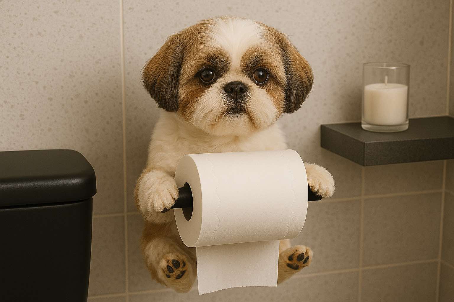 Shih Tzu dog holding toilet paper in bathroom with candle