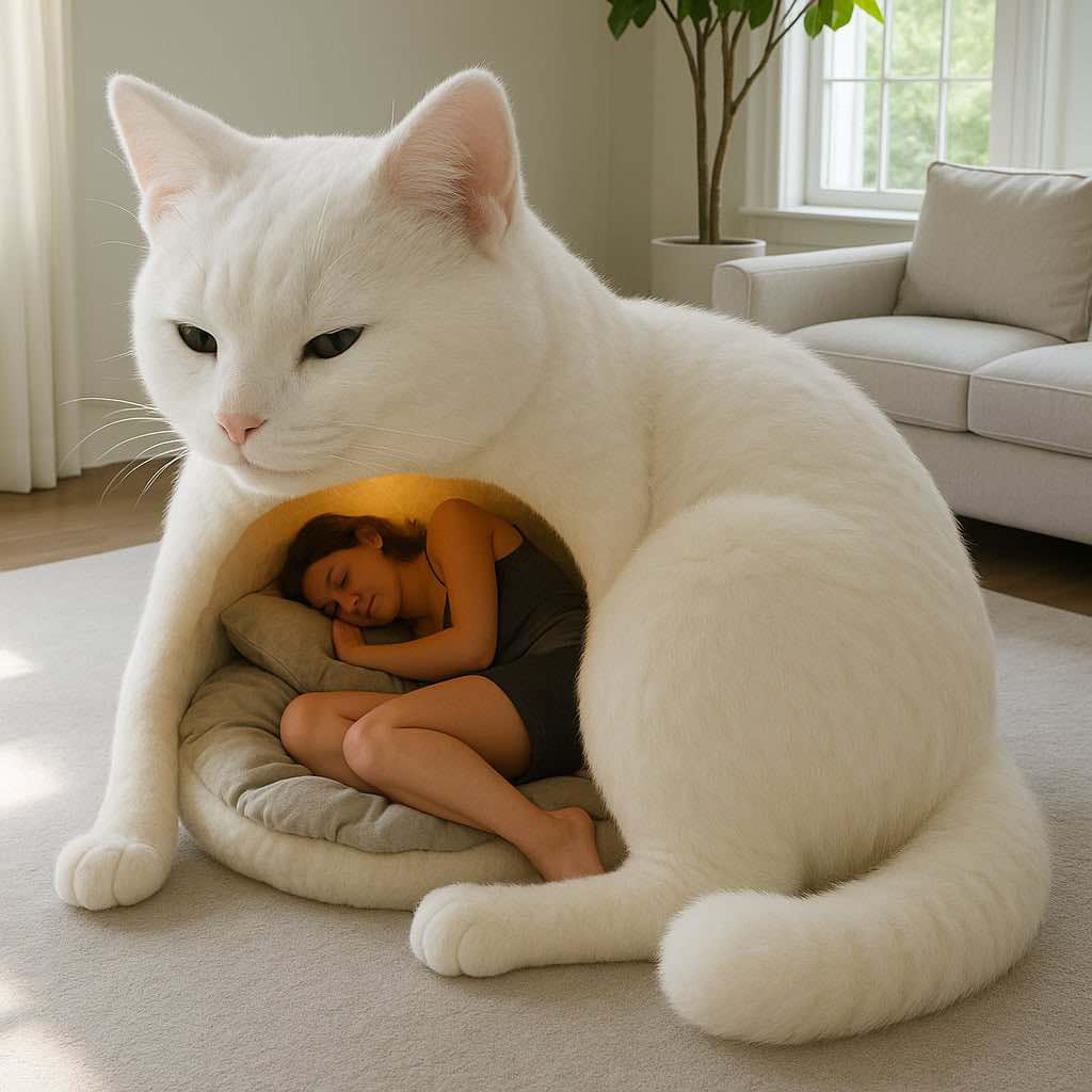 Peaceful sleep inside a white cat-inspired bed design