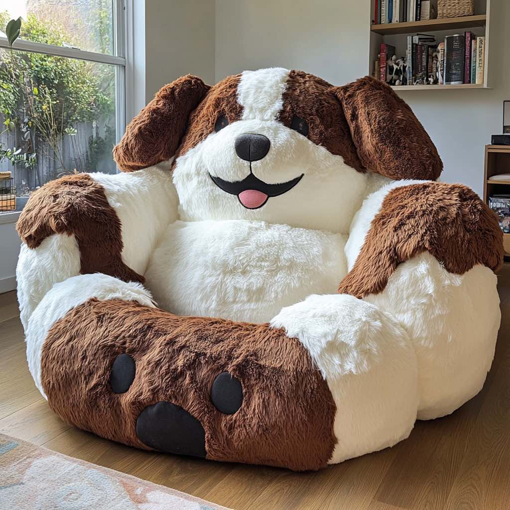Friendly brown and white oversized dog-shaped armchair with floppy ears and a smiling face