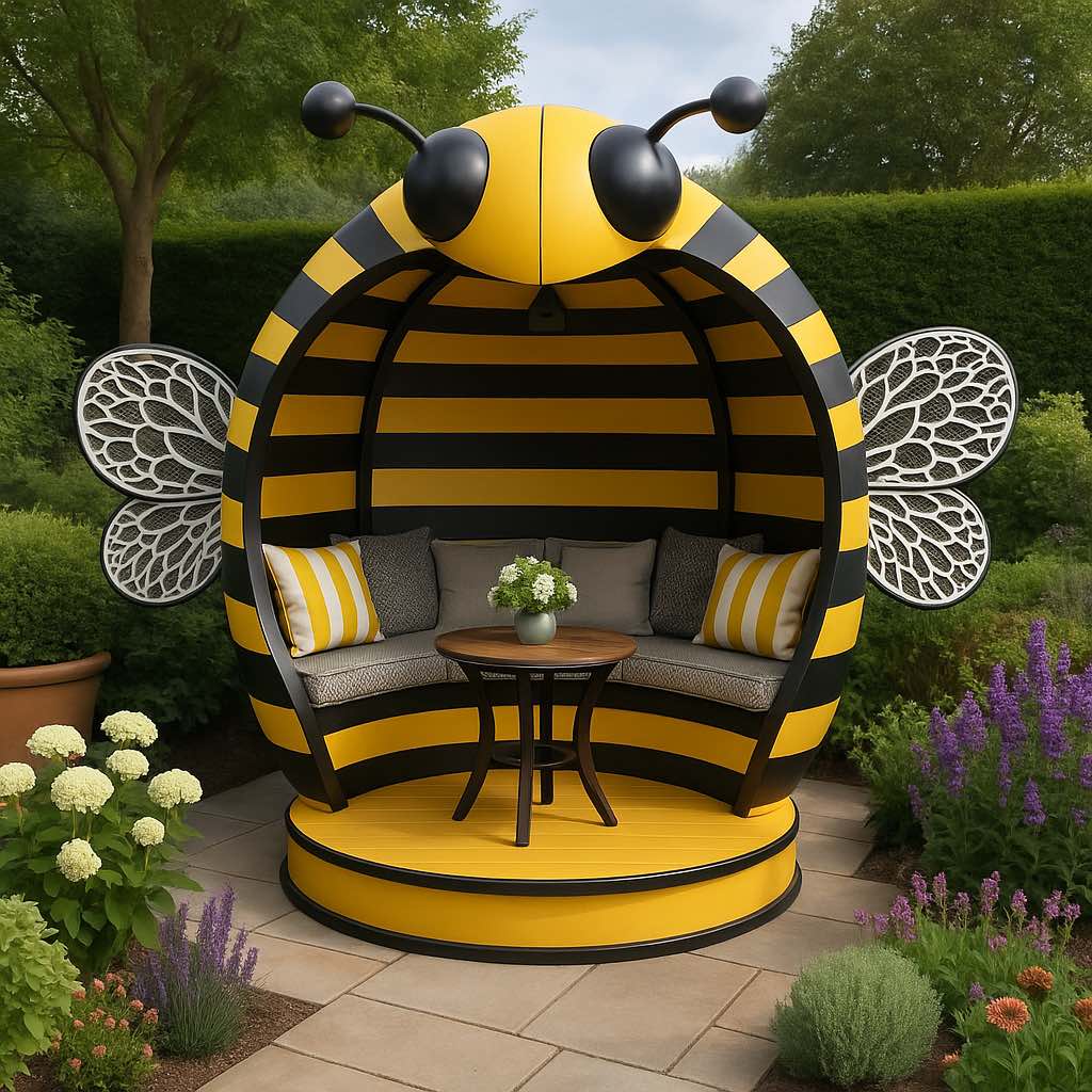 Black and yellow striped garden pod shaped like a bumblebee with decorative wings and comfy seating.