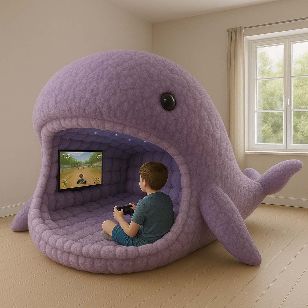 A young boy plays a video game inside a lavender plush whale-shaped entertainment pod with soft lighting.