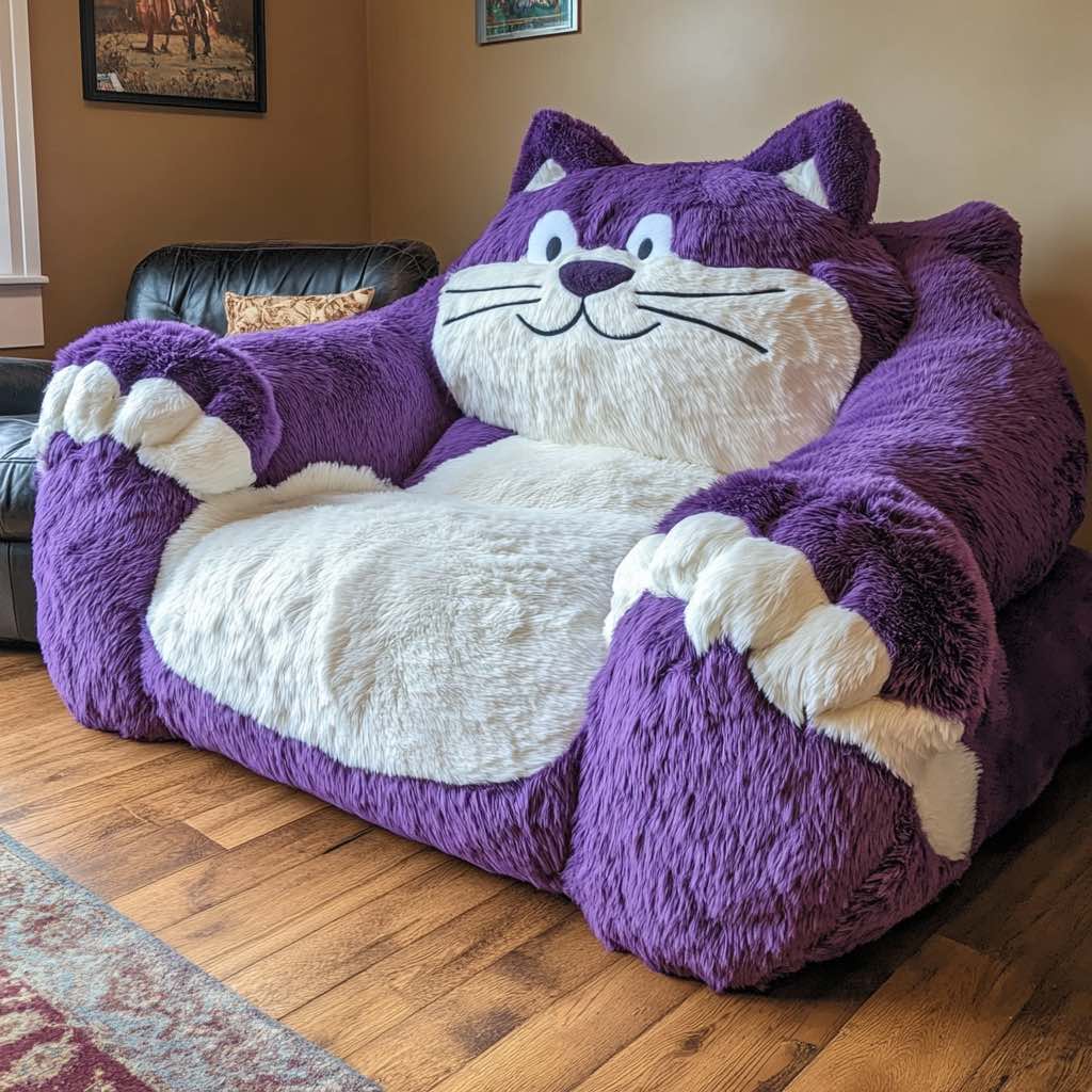 Furry purple and white cat-shaped sofa with a cartoonish smiley face and whiskers in a wooden-floor lounge.