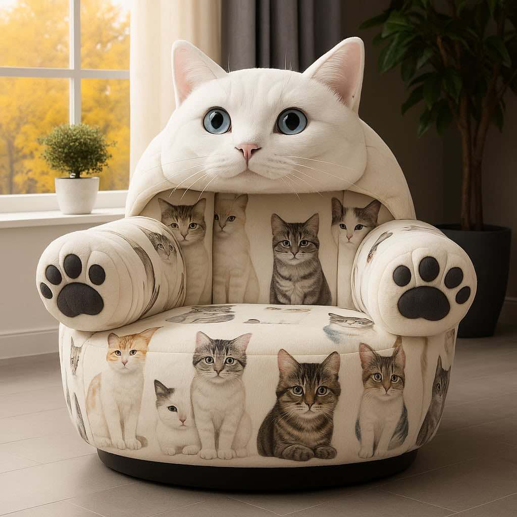 A white oversized cat armchair featuring printed kittens and black paw details