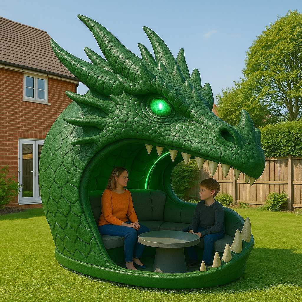 Woman and child sitting in a green dragon head-shaped outdoor pod with glowing green eyes