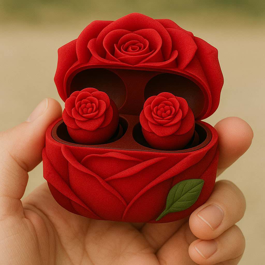 Red rose-shaped wireless earbuds in a richly textured flower case held gently in a hand.