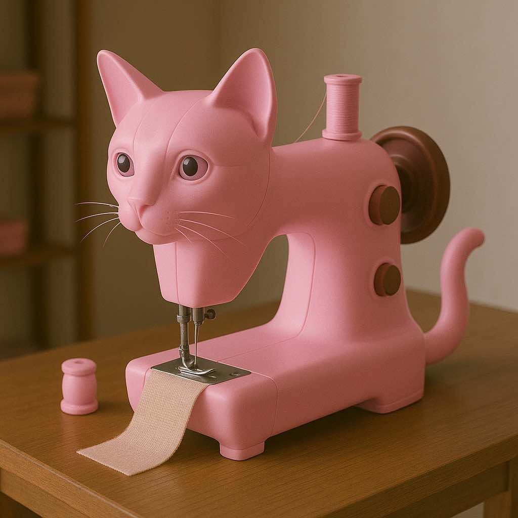 Cute pink sewing machine shaped like a cat with matching thread and beige fabric