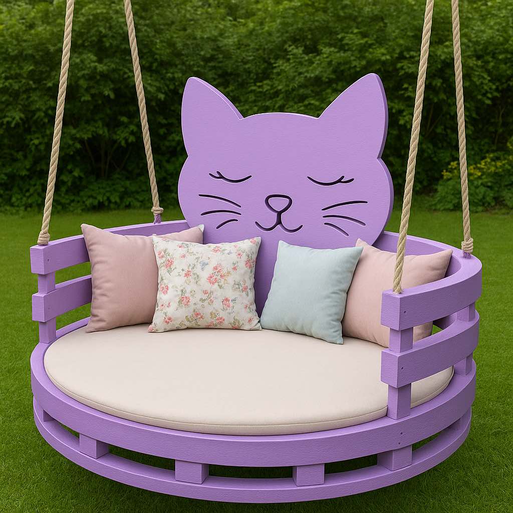 Lavender cat swing chair featuring floral and pastel cushions on a lush green lawn