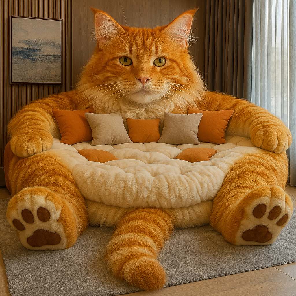 Warm orange ginger cat-shaped sofa with orange and beige cushions, styled in a cosy room.