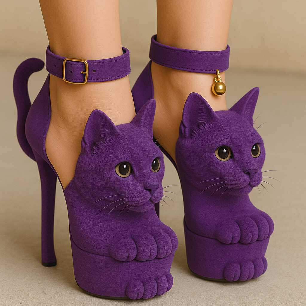 Bold purple high heels designed as realistic cats with golden bell anklets