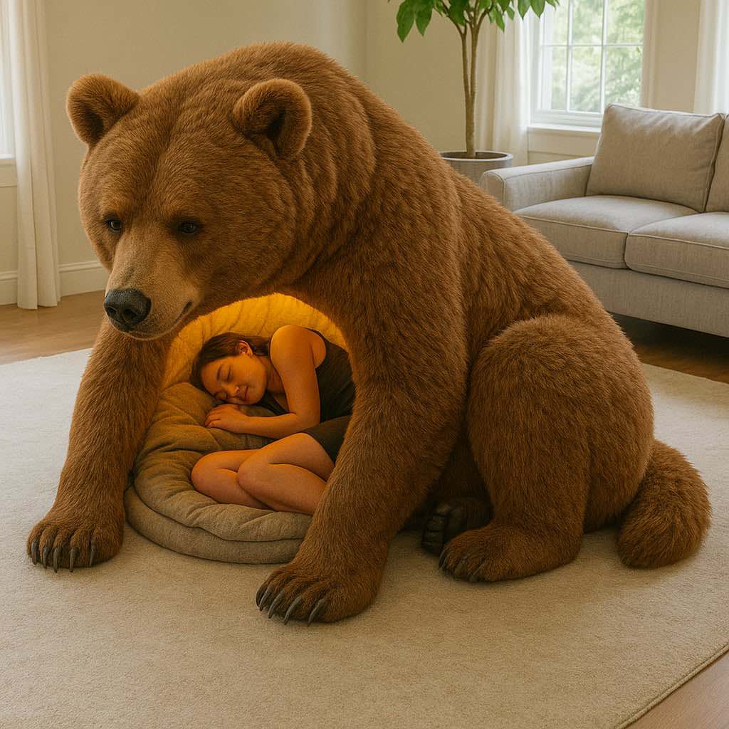 A cosy bear-shaped bed in a living room, cradling a sleeping woman in its warm interior.