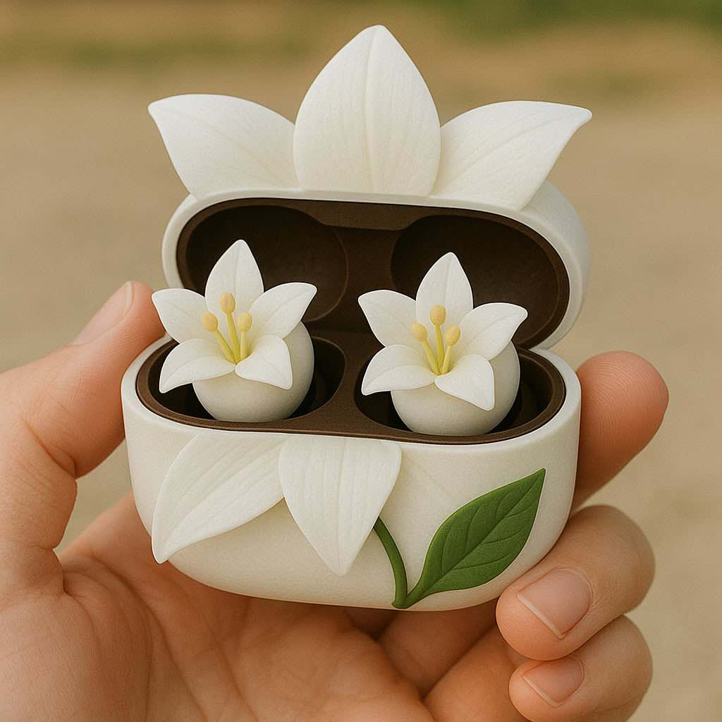 White lily-shaped wireless earbuds in a matching floral case with delicate petal detailing.