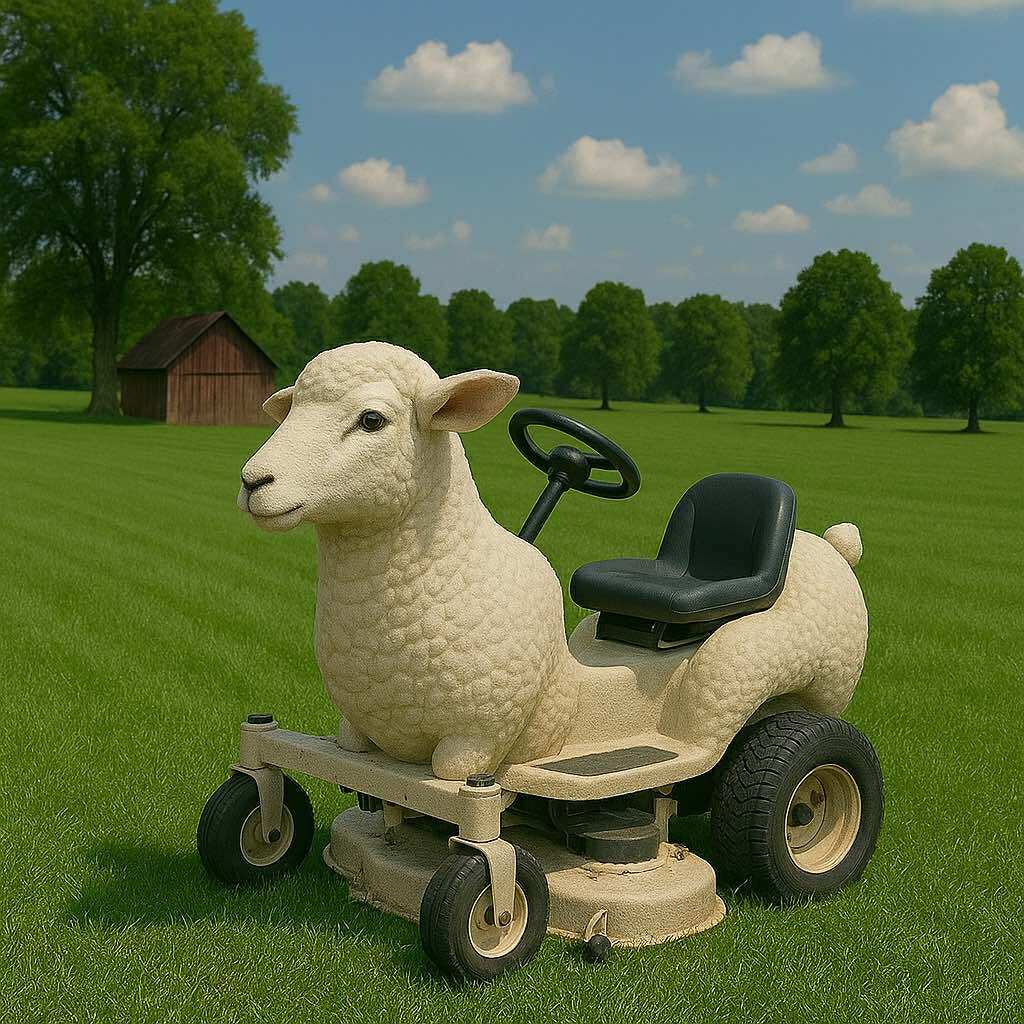 Cream-coloured sheep-shaped ride-on mower with a textured woolly finish in a rural field.