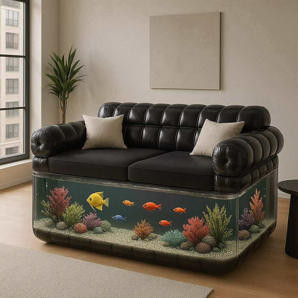 Sleek black aquarium sofa with yellow and red fish and coral decor