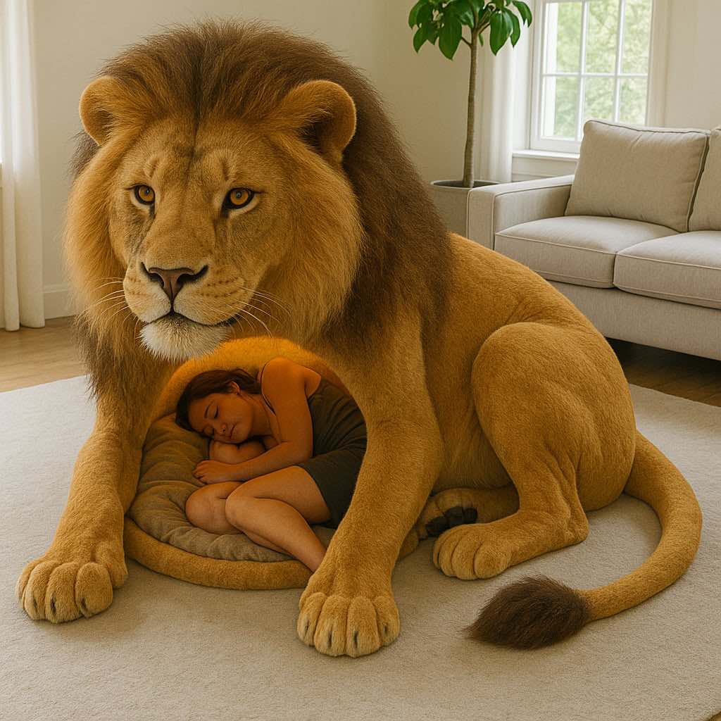 A majestic lion-shaped bed with a soft, glowing interior where a woman is curled up sleeping.