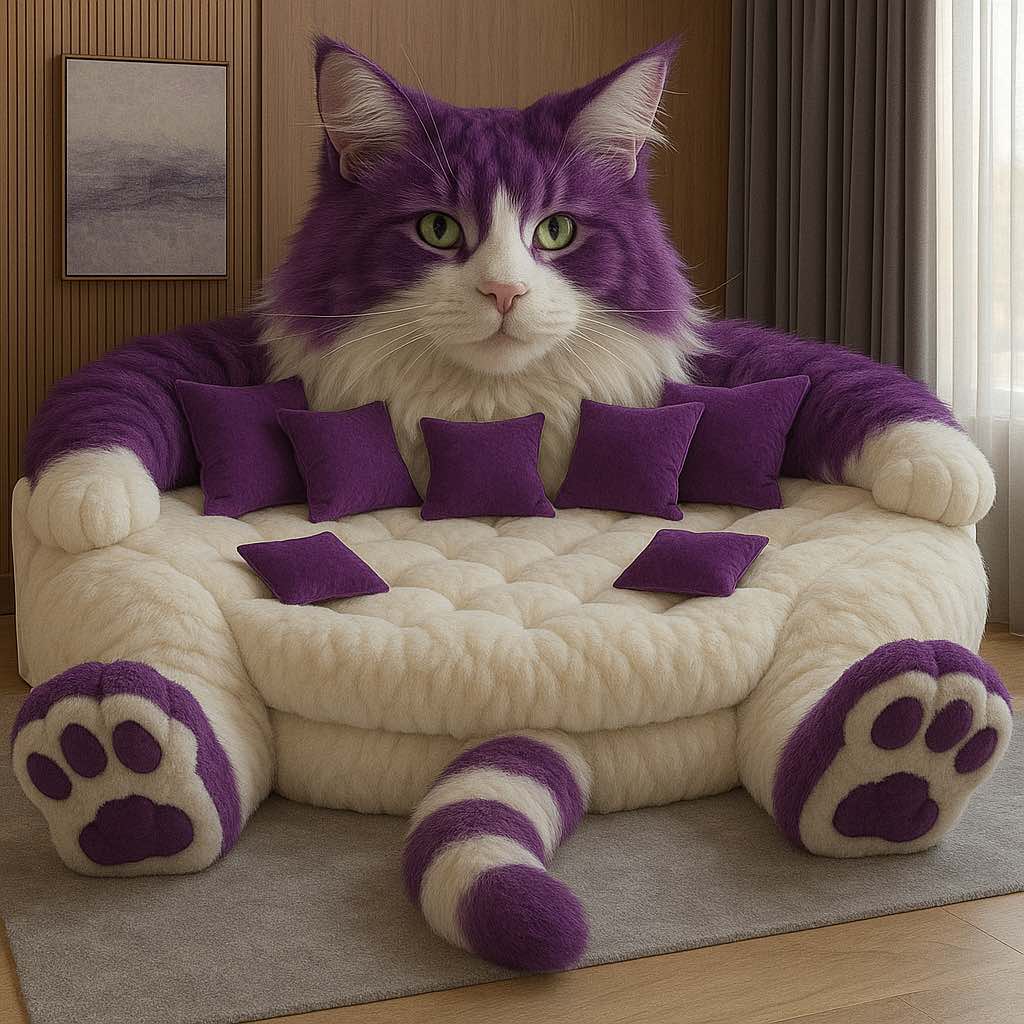Oversized purple and white cat-shaped sofa with matching purple cushions in a whimsical interior.
