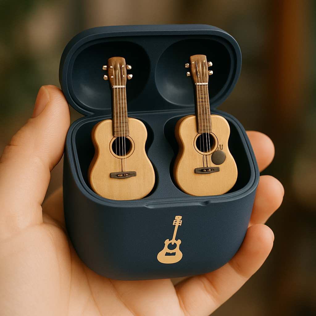 Navy blue earbud case housing earbuds designed as small wooden guitars.