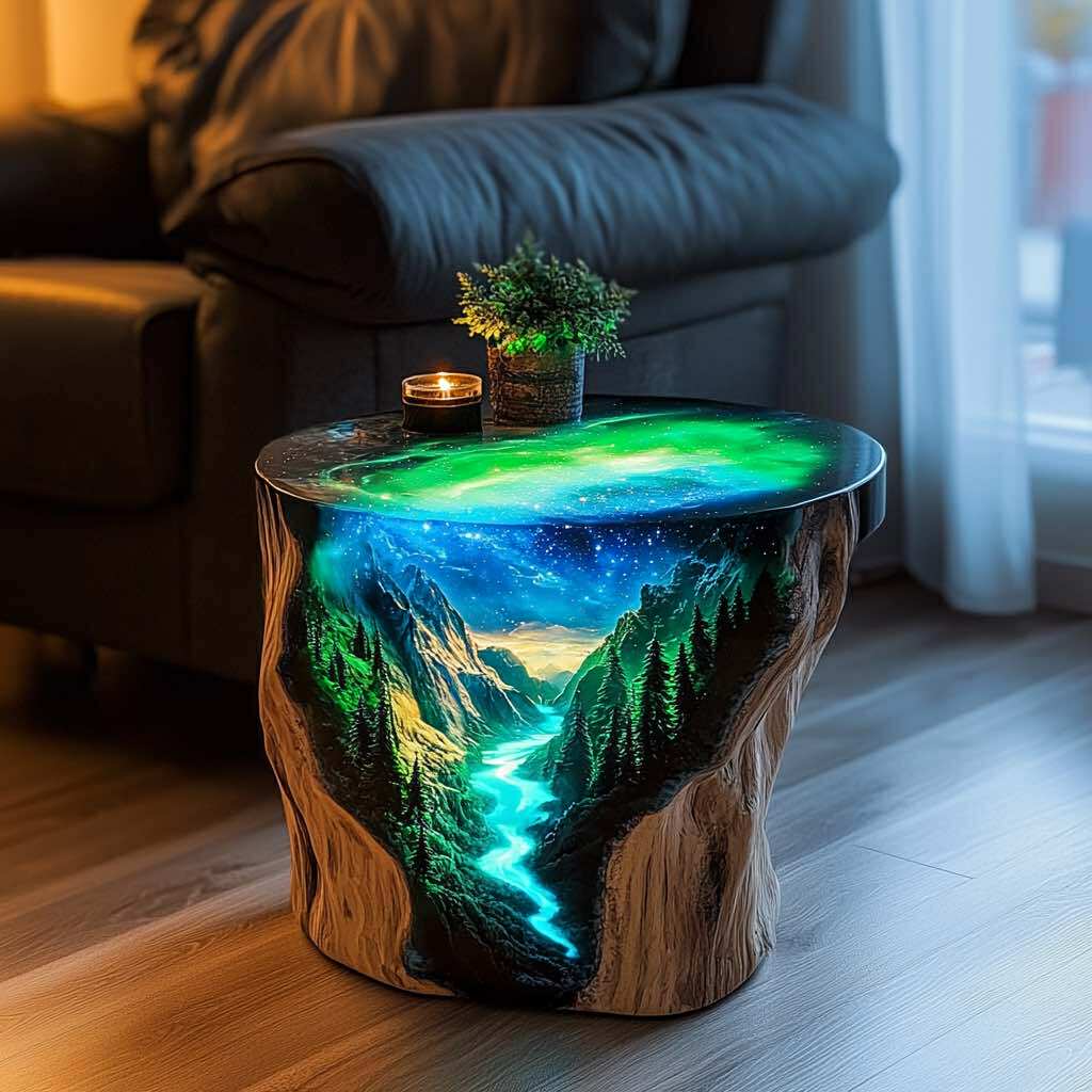 Tree trunk-style table with glowing river and galaxy night sky resin artwork