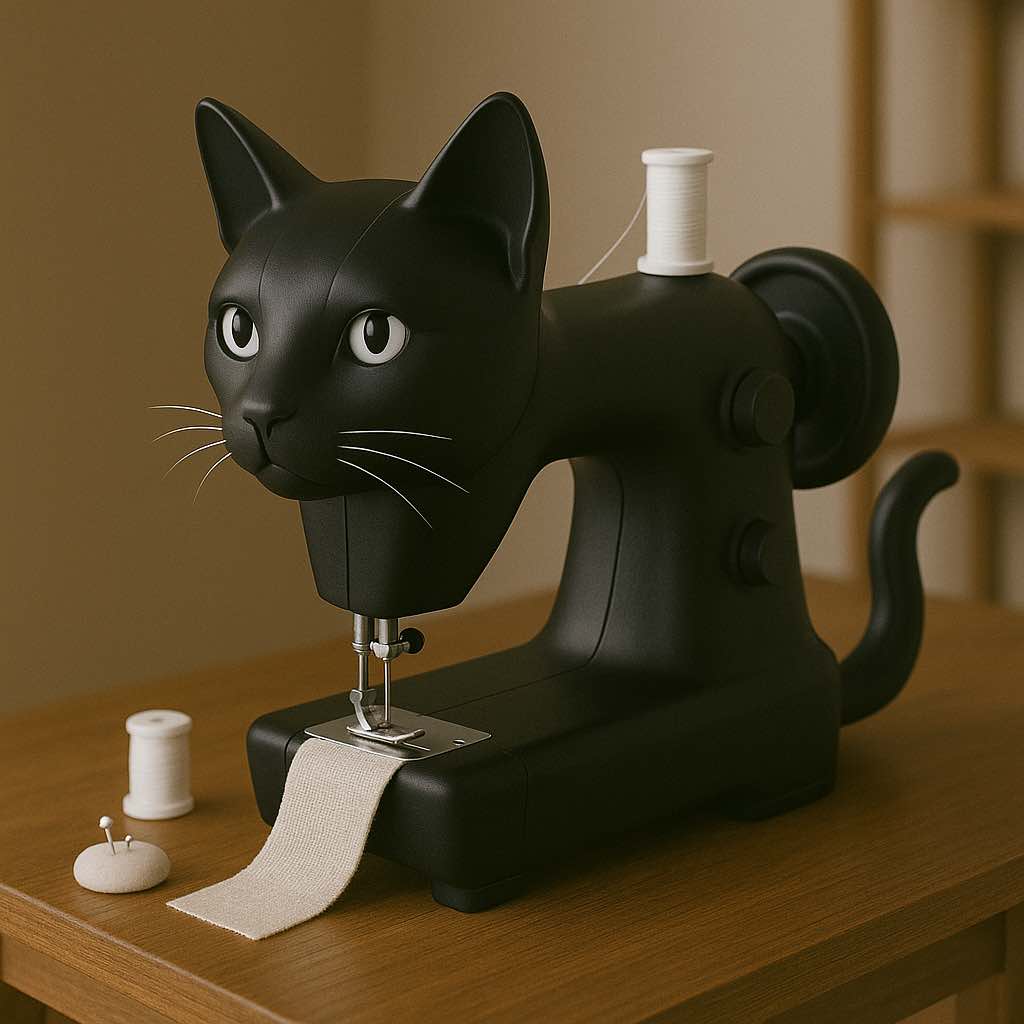 Black cat-inspired sewing machine with white thread spool and fabric strip on a desk