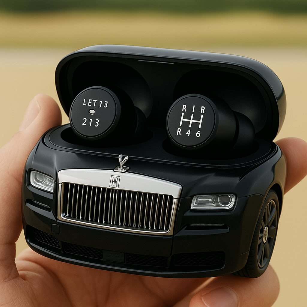 Black earbuds with gearshift design inside a sleek black car-shaped charging case