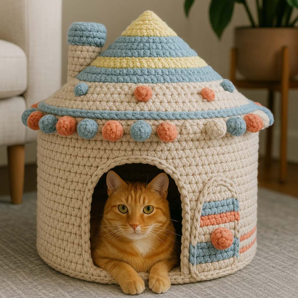 Ginger tabby cat in a cream crochet cat house with pastel blue and coral striped roof and pom-poms.