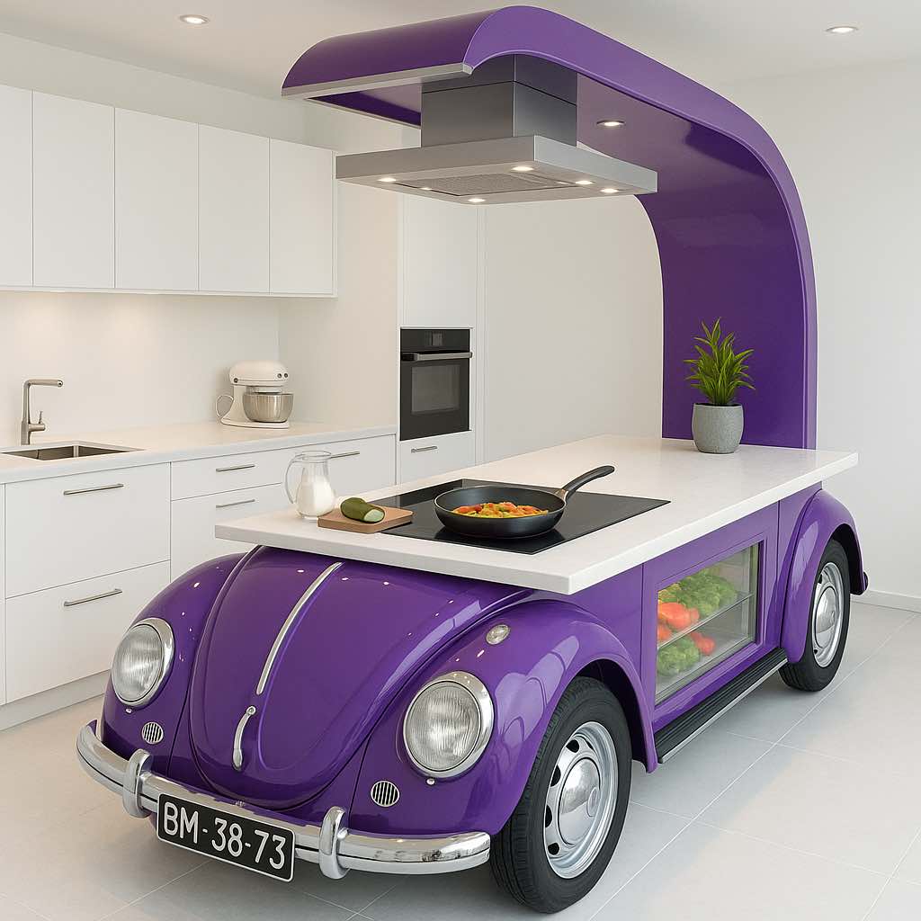Whimsical kitchen island made from a purple classic car with integrated hob and storage