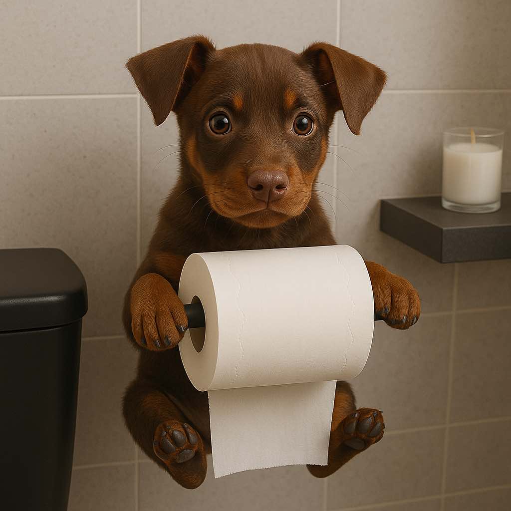 Brown puppy sitting in bathroom with toilet roll between paws