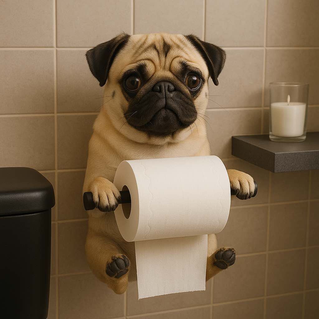 Beige pug dog holding toilet roll in tiled bathroom