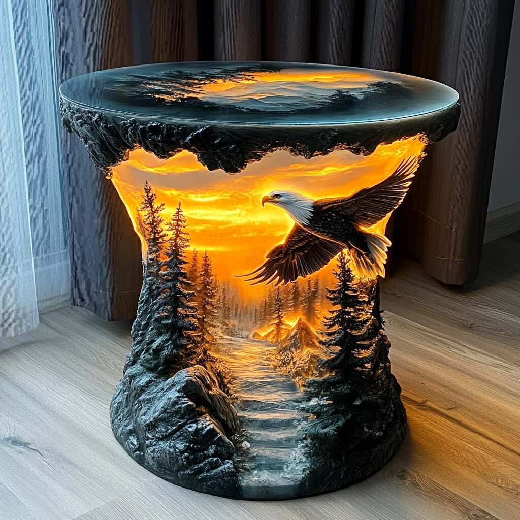 Glowing eagle table featuring forest trees and mountain sunset with sculpted pathway