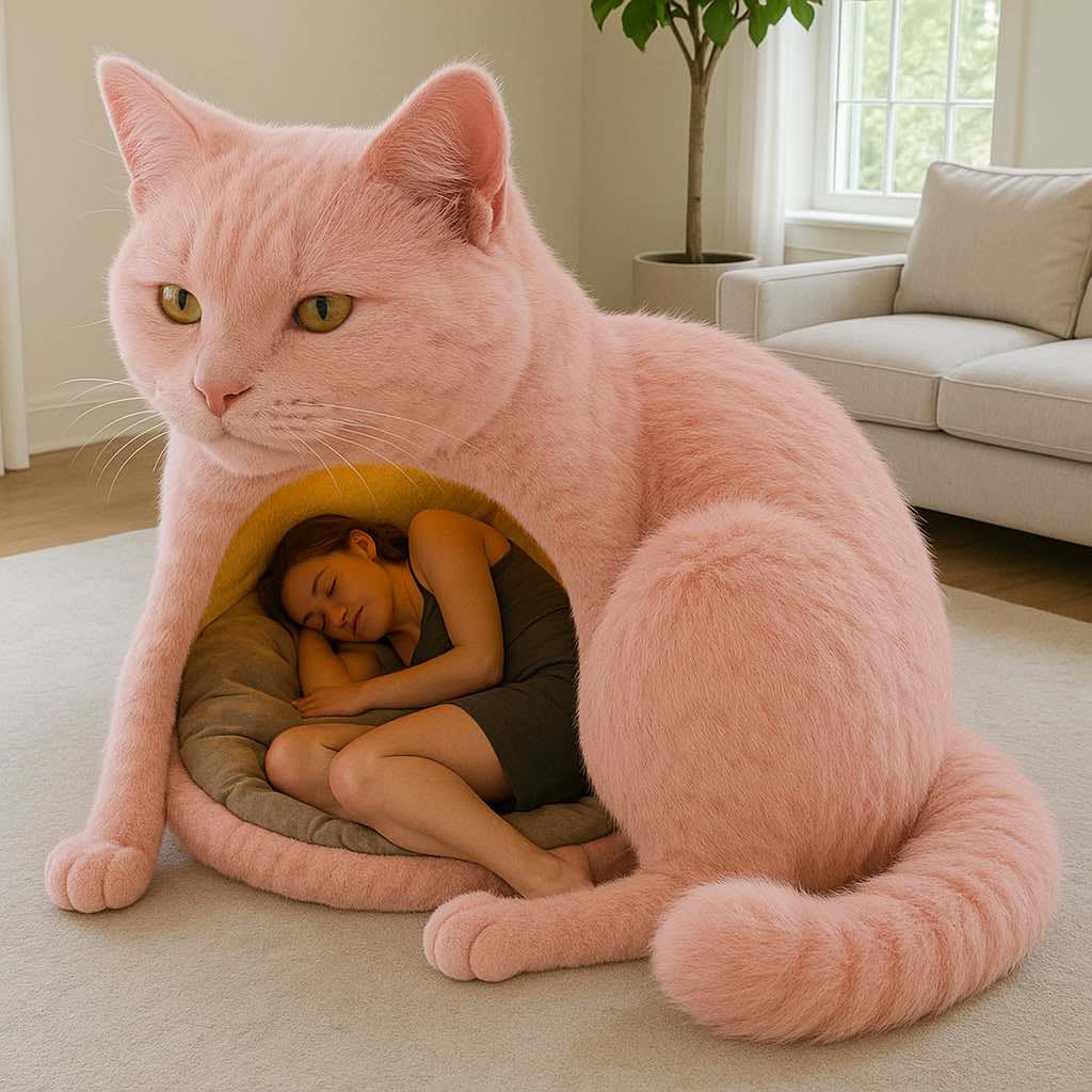 Woman napping in a pink oversized cat-shaped human bed