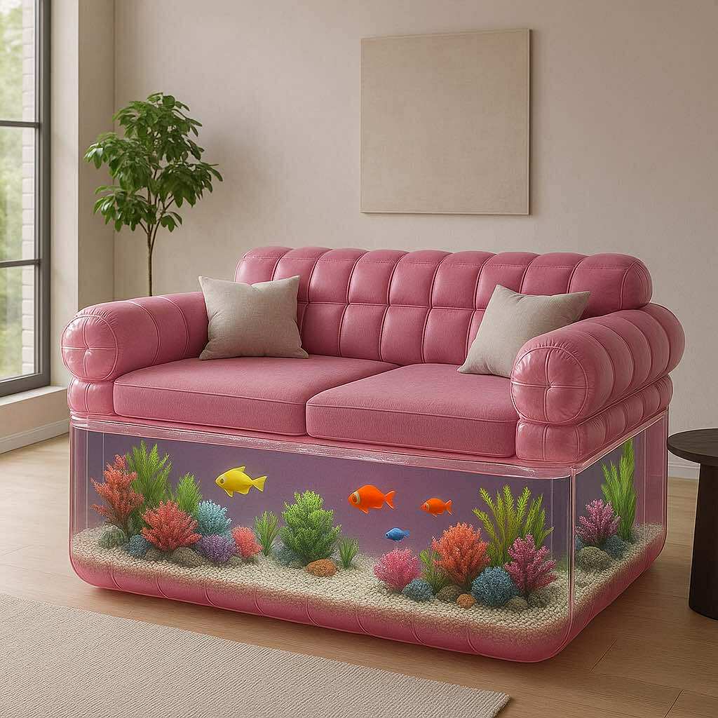 Pink fish tank sofa in a sunlit room with vivid aquatic life and coral