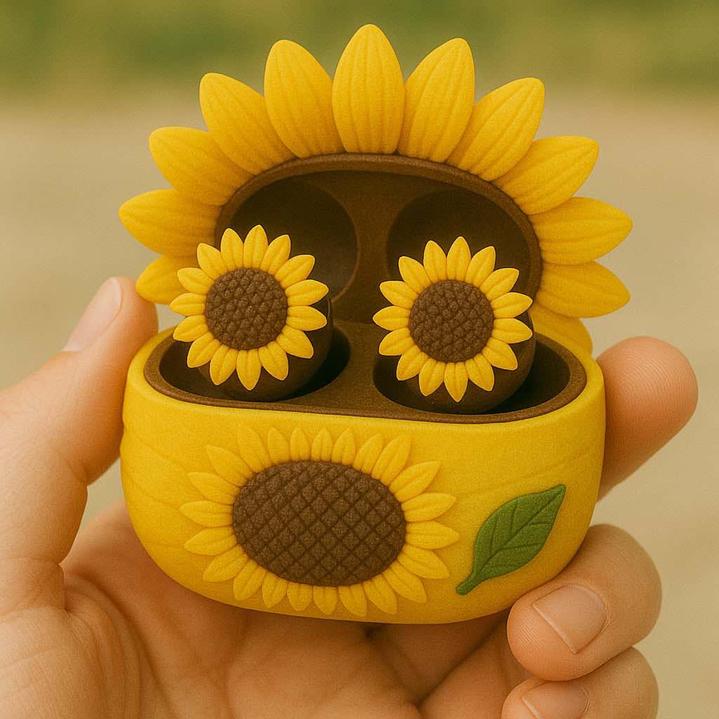 Close-up of sunflower-inspired wireless earbuds with yellow petals and a textured brown centre.