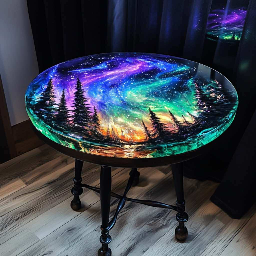 Round table featuring a stunning Aurora Borealis and pine forest resin design with vibrant cosmic colours