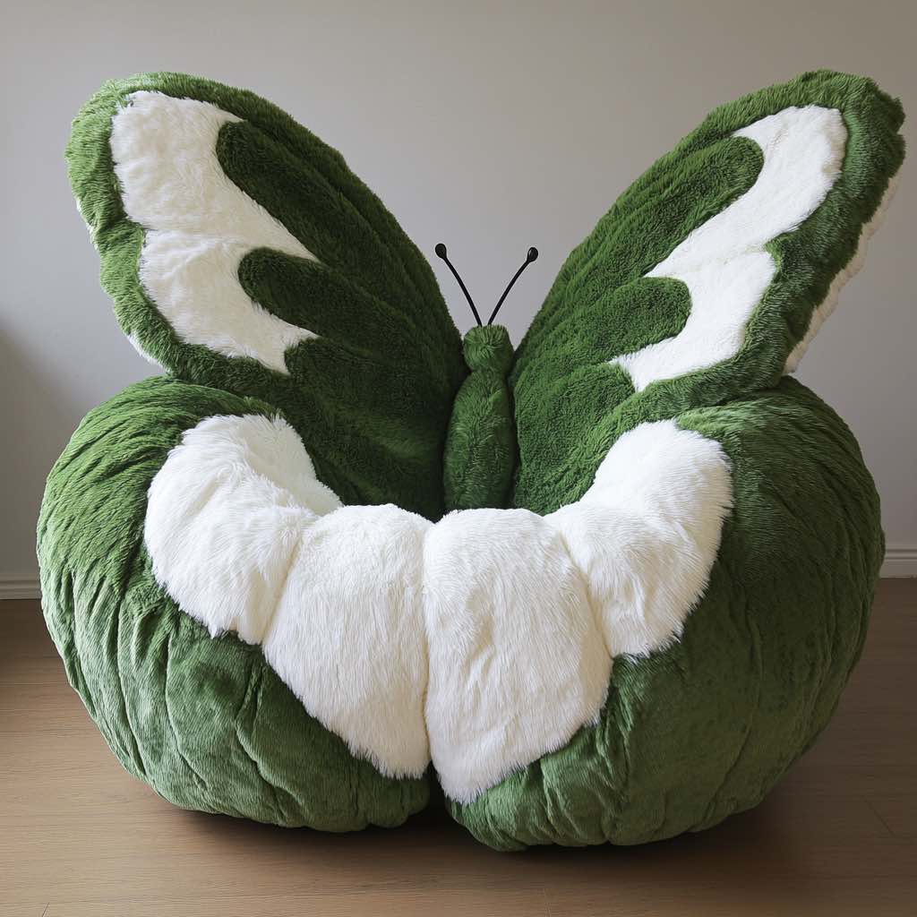 Green and white butterfly-inspired plush armchair with antennae and cosy winged design.