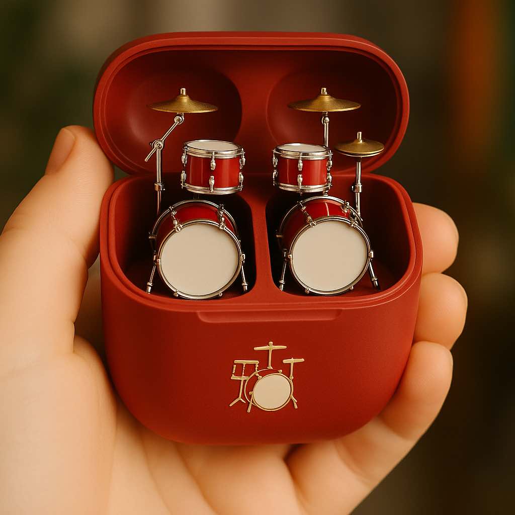 Red case with earbuds designed to resemble complete miniature drum kits with cymbals and toms.