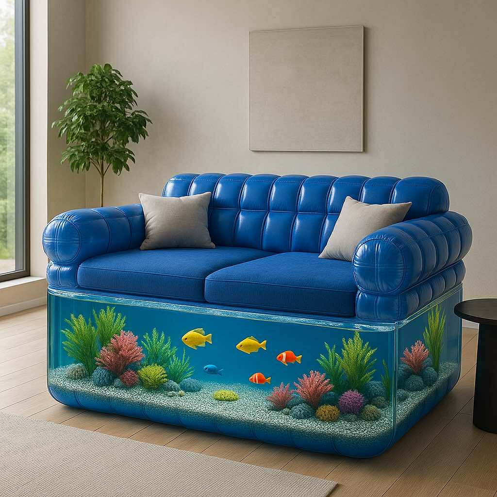  Blue upholstered aquarium sofa featuring live fish, coral, and modern home decor